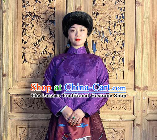 China Classical Peony Butterfly Pattern Purple Silk Blouse National Women Slant Opening Cheongsam Shirt