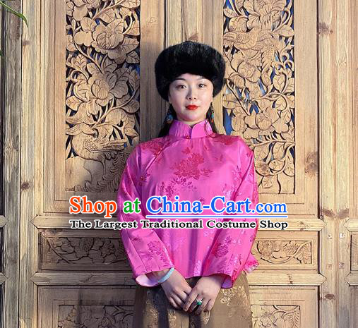 China National Women Slant Opening Cheongsam Shirt Classical Peony Butterfly Pattern Rosy Silk Blouse