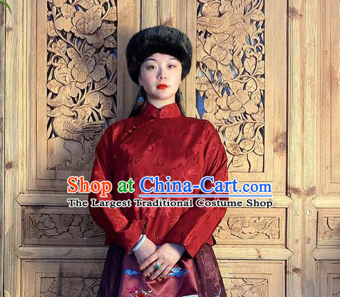 China National Cheongsam Shirt Classical Peony Butterfly Pattern Dark Red Silk Blouse