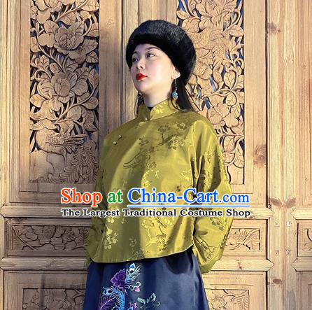 China Classical Peony Butterfly Pattern Olive Green Silk Blouse National Cheongsam Shirt