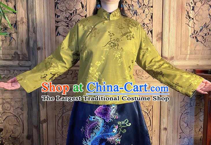 China Classical Peony Butterfly Pattern Olive Green Silk Blouse National Cheongsam Shirt