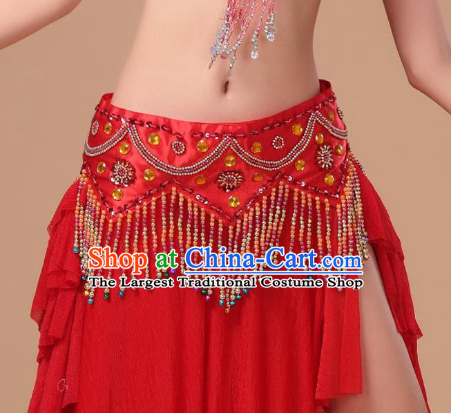 Indian Belly Dance Beads Tassel Red Waistband Asian Traditional Oriental Dance Waist Accessories