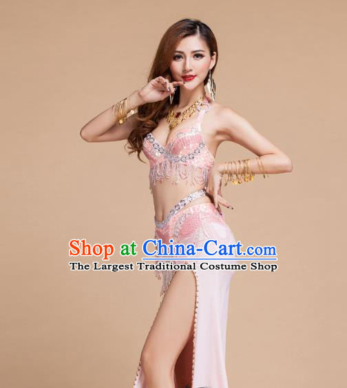 Asian Traditional Oriental Dance Pink Bra and Skirt Indian Belly Dance Clothing Stage Performance Beads Tassel Uniforms