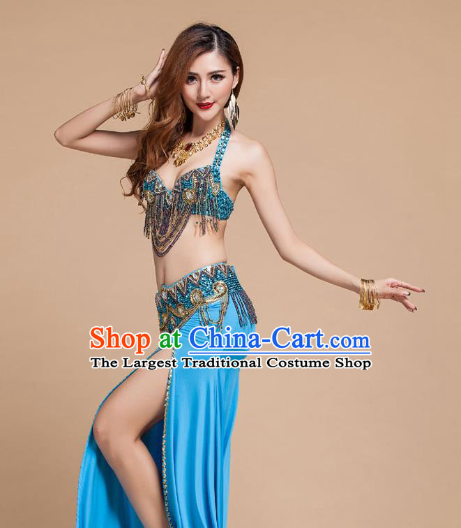 Asian Indian Oriental Dance Blue Uniforms Traditional Raks Sharki Bra and Skirt Top Belly Dance Stage Performance Clothing