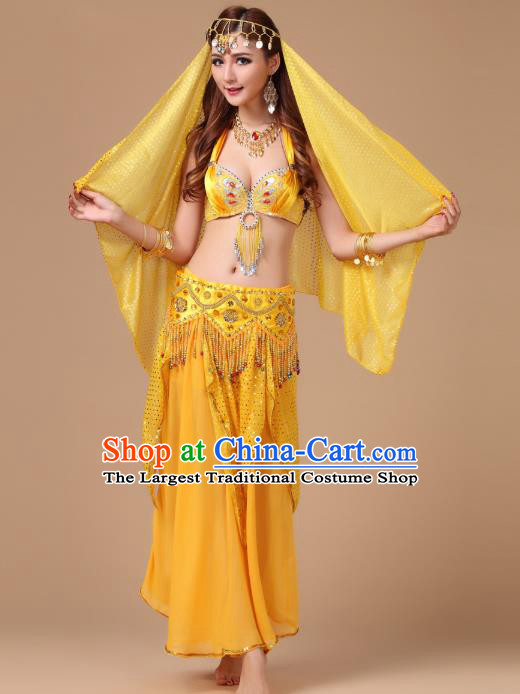 Asian Traditional Belly Dance Oriental Dance Costumes Indian Court Dance Performance Bra and Yellow Skirt Uniforms