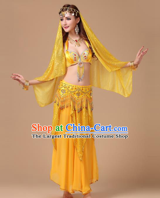 Asian Traditional Belly Dance Oriental Dance Costumes Indian Court Dance Performance Bra and Yellow Skirt Uniforms