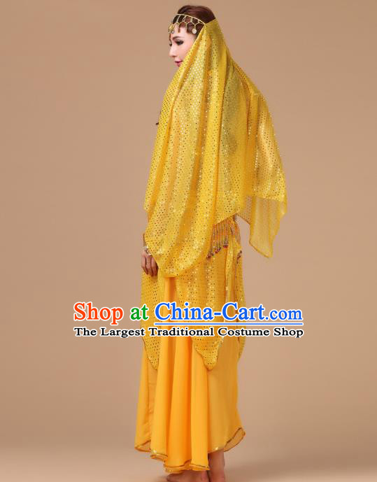 Asian Traditional Belly Dance Oriental Dance Costumes Indian Court Dance Performance Bra and Yellow Skirt Uniforms
