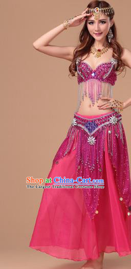 Top Asian Folk Dance Clothing Indian Belly Dance Sexy Bra and Rosy Skirt Uniforms