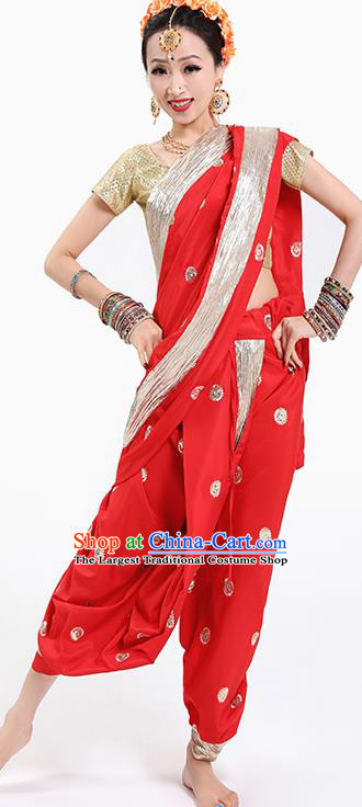 Top Indian Oriental Dance Golden Blouse and Red Pants Folk Dance Stage Performance Costume