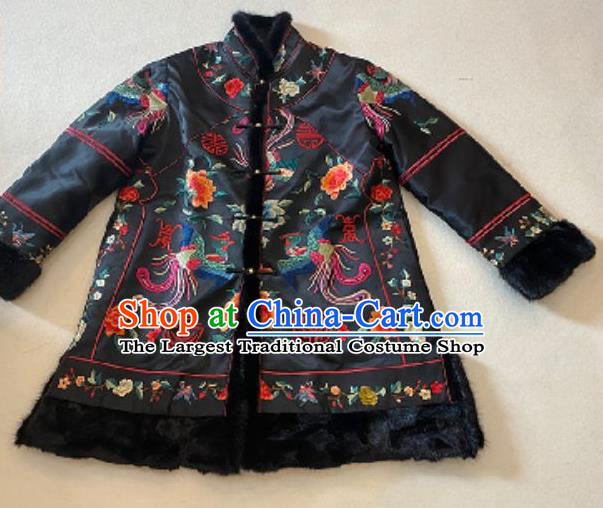 Chinese National Female Cotton Wadded Coat New Year Costume Embroidered Phoenix Peony Black Silk Jacket