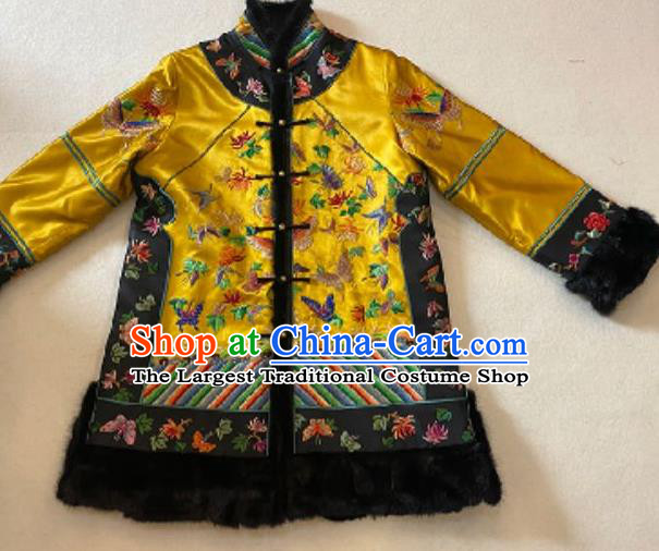 Chinese National Costume Embroidered Butterfly Jacket Yellow Silk Cotton Wadded Coat