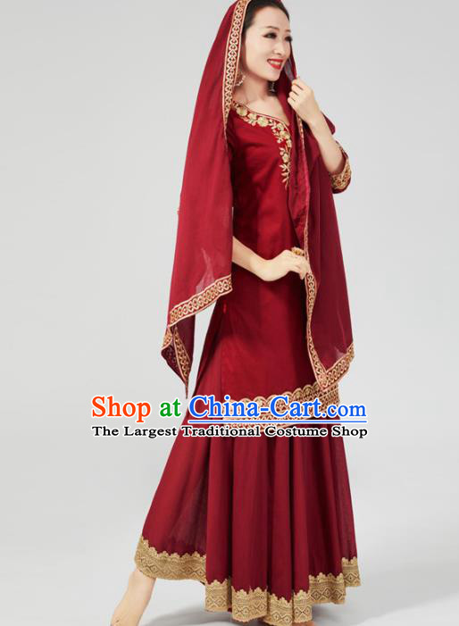 India Traditional Wine Red Punjab Clothing Asian Indian Female Dance Costumes