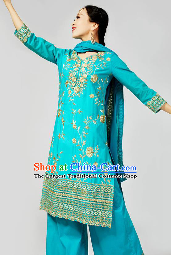 Asian Indian Female Dance Costumes Blue Blouse and Loose Pants India Traditional Embroidered Punjab Clothing