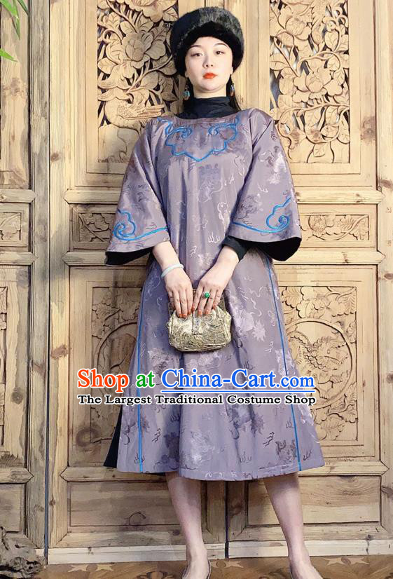 China Traditional Wide Sleeve Violet Silk Qipao Dress National Women Embroidered Clothing Classical Cheongsam