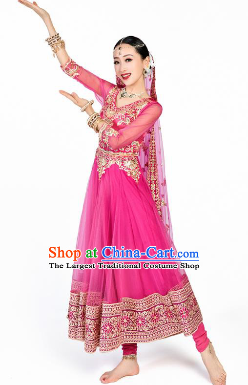Asian India Bollywood Stage Performance Clothing Indian Traditional Dance Embroidered Rosy Anarkali Dress and Pants