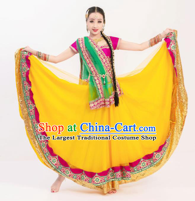 Indian Stage Performance Rosy Blouse and Yellow Skirt Asian India Traditional Bollywood Dance Lehenga Clothing