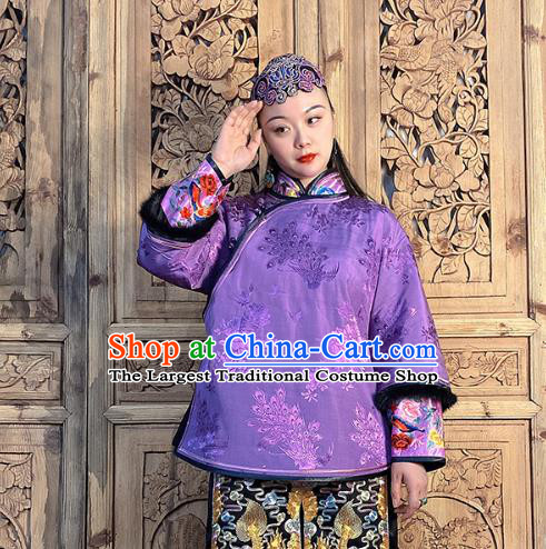 Chinese Hand Embroidery Purple Silk Cotton Wadded Jacket Traditional Tang Suit Outer Garment Short Coat