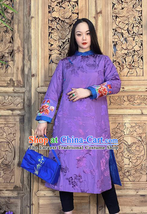 Chinese Traditional Tang Suit Outer Garment Dust Coat Embroidery Purple Silk Long Gown