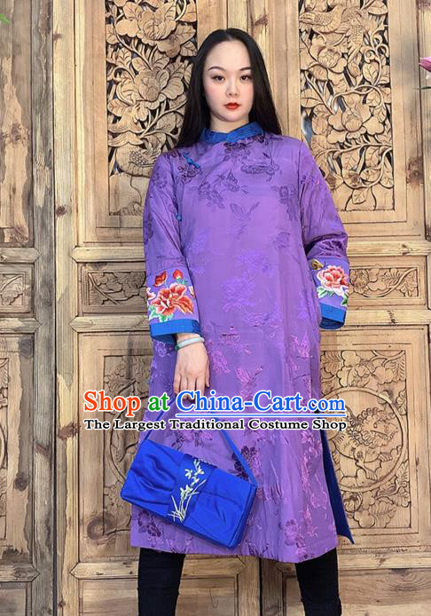 Chinese Traditional Tang Suit Outer Garment Dust Coat Embroidery Purple Silk Long Gown