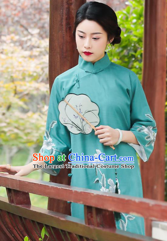 China National Clothing Traditional Cheongsam Classical Embroidered Peony Green Qipao Dress