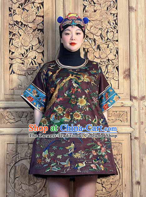 China National Ethnic Clothing Traditional Embroidered Flowers Bird Dark Purple Silk Dress
