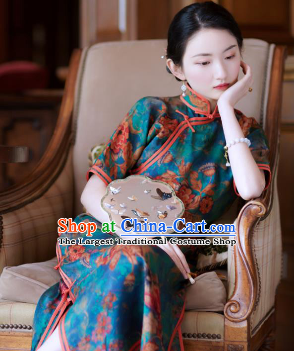 Republic of China Young Mistress Cheongsam Traditional Printing Blue Qipao Dress Clothing