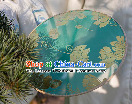 China Classical Dance Circular Fan Handmade Printing Peony Green Silk Fan Traditional Hanfu Fan