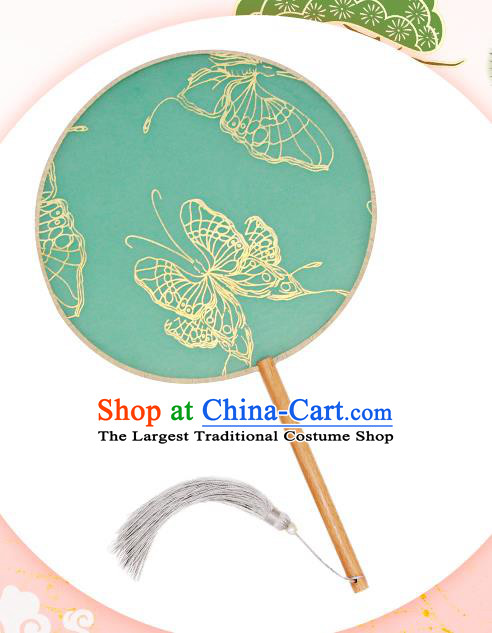 China Traditional Hanfu Fan Classical Dance Circular Fan Handmade Green Silk Fan