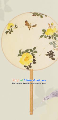 China Classical Circular Fan Handmade Printing Peony Bird Beige Silk Fan Traditional Palace Fan
