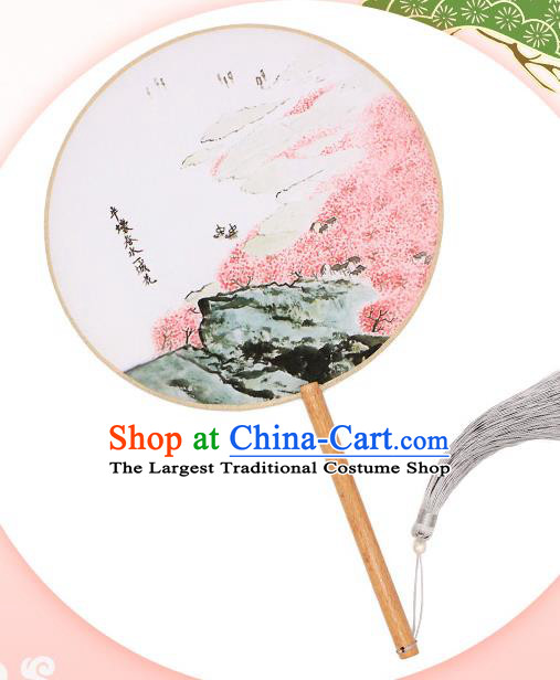 China Handmade Printing Peach Blossom Silk Fan Traditional Palace Fan Classical Circular Fan