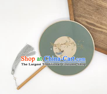 China Classical Dance Fan Handmade Printing Blue Silk Circular Fan Traditional Palace Fan