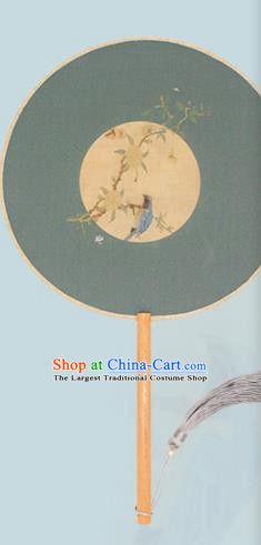 China Classical Dance Fan Handmade Printing Blue Silk Circular Fan Traditional Palace Fan