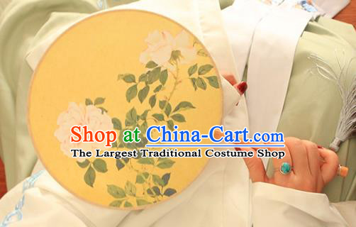 China Traditional Printing Camellia Palace Fan Classical Dance Fan Handmade Yellow Silk Circular Fan