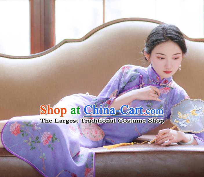 Republic of China Classical Printing Flowers Cheongsam Traditional Young Lady Violet Qipao Dress