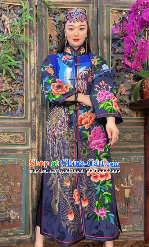 Chinese Embroidered Peacock Peony Navy Silk Dust Coat Traditional Embroidered Long Gown Clothing
