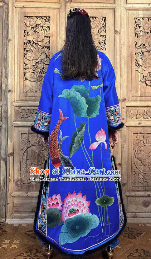 Chinese Embroidered Lotus Royalblue Silk Dust Coat Traditional Women Clothing Winter Outer Garment