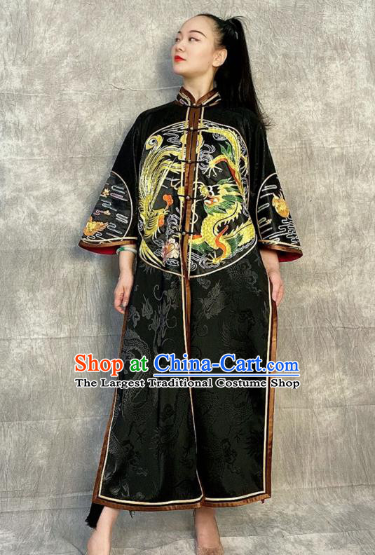 Chinese National Black Silk Dust Coat Traditional Tang Suit Overcoat Embroidered Costume