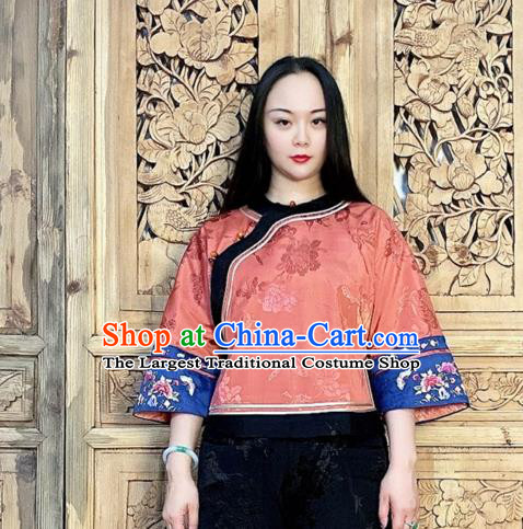Chinese Tang Suit Upper Outer Garment Embroidered Cheongsam Shirt Traditional Light Red Silk Blouse