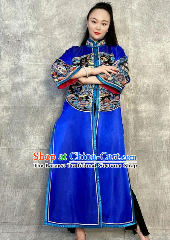 Chinese Tang Suit Overcoat Embroidered Royalblue Silk Dust Coat Traditional National Costume