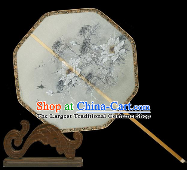 China Classical Lotus Pattern Silk Fan Handmade Hanfu Octagon Fan Traditional Ming Dynasty Palace Fan