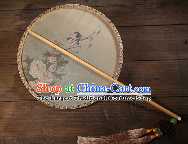 China Classical Peony Birds Pattern Silk Fan Traditional Ming Dynasty Palace Fan Handmade Hanfu Circular Fan