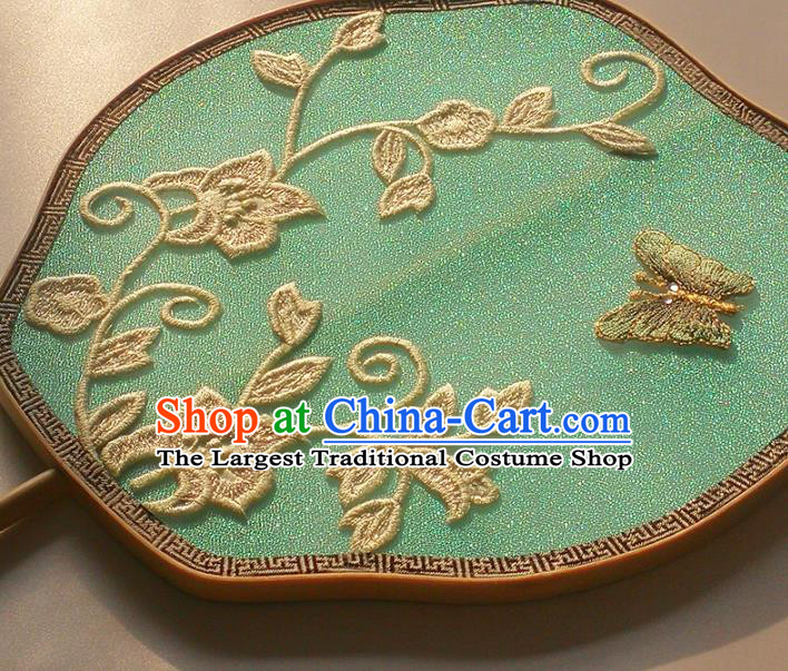 China Handmade Classical Dance Fan Embroidered Green Silk Palace Fan Traditional Ming Dynasty Hanfu Fan