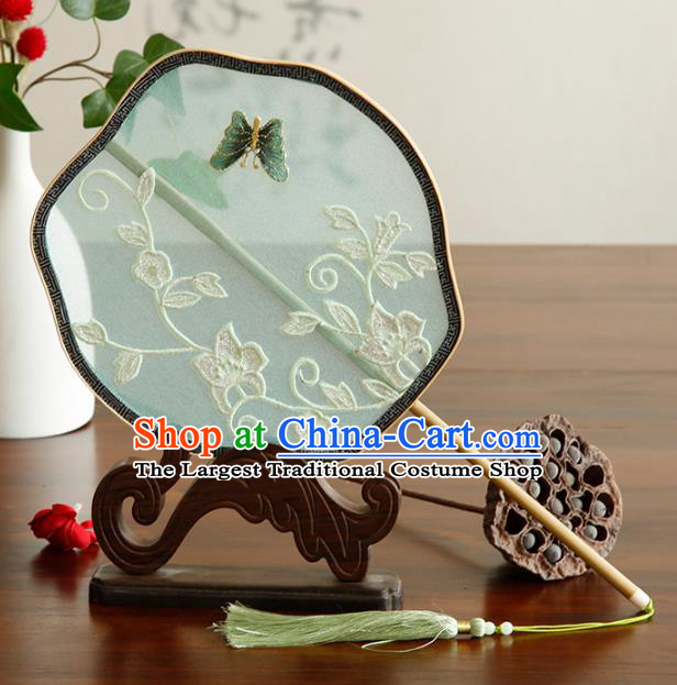 China Handmade Classical Dance Fan Embroidered Green Silk Palace Fan Traditional Ming Dynasty Hanfu Fan