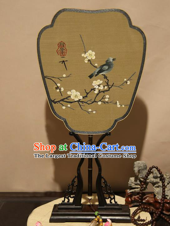 China Classical Plum Blossom Pattern Ginger Silk Fan Handmade Suzhou Craft Fan Traditional Palace Fan