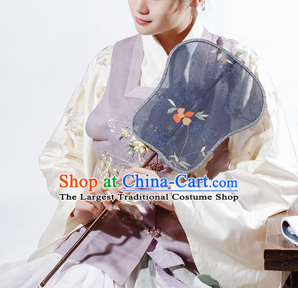 China Classical Blue Silk Fan Handmade Palace Fan Traditional Tang Dynasty Princess Palm Leaf Fan