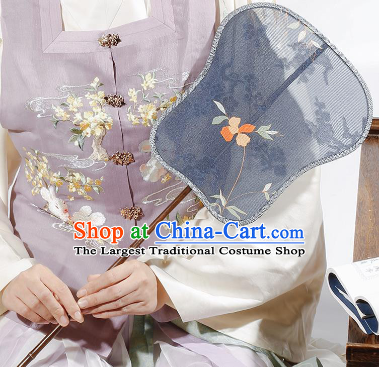 China Classical Blue Silk Fan Handmade Palace Fan Traditional Tang Dynasty Princess Palm Leaf Fan