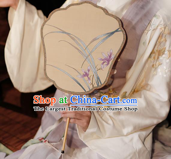 China Traditional Song Dynasty Princess Fan Classical Orchids Pattern Silk Fan Handmade Palace Fan