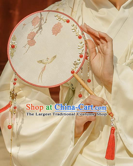 China Classical Circular Silk Fan Handmade Red Ribbon Tassel Palace Fan Traditional Ming Dynasty Princess Fan