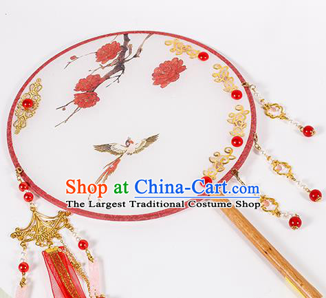 China Classical Circular Silk Fan Handmade Red Ribbon Tassel Palace Fan Traditional Ming Dynasty Princess Fan