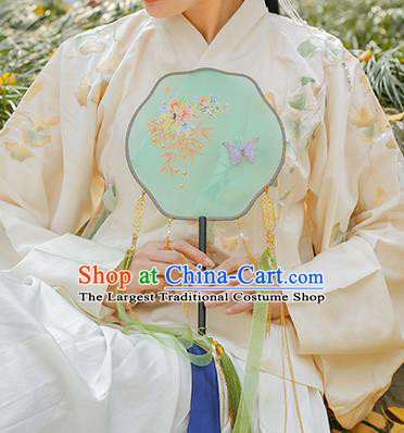 China Traditional Ming Dynasty Princess Fan Classical Silk Fan Handmade Green Ribbon Tassel Palace Fan